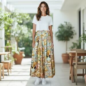 VTG Royal Silk Tropical Forest Toucan Birds Pastel Drawstring Maxi Skirt Medium